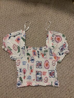 Smocked Puff Sleeve Crop Top - White with Multi Print